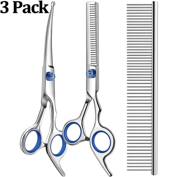 Professional 3 in 1 Dog Grooming Scissors Kit with Safety Round Tips,Sharp & Durable,Dog Shears for Grooming - Includes Straight, Curved, Thinning Scissors and Comb - Premium Pet Supplies