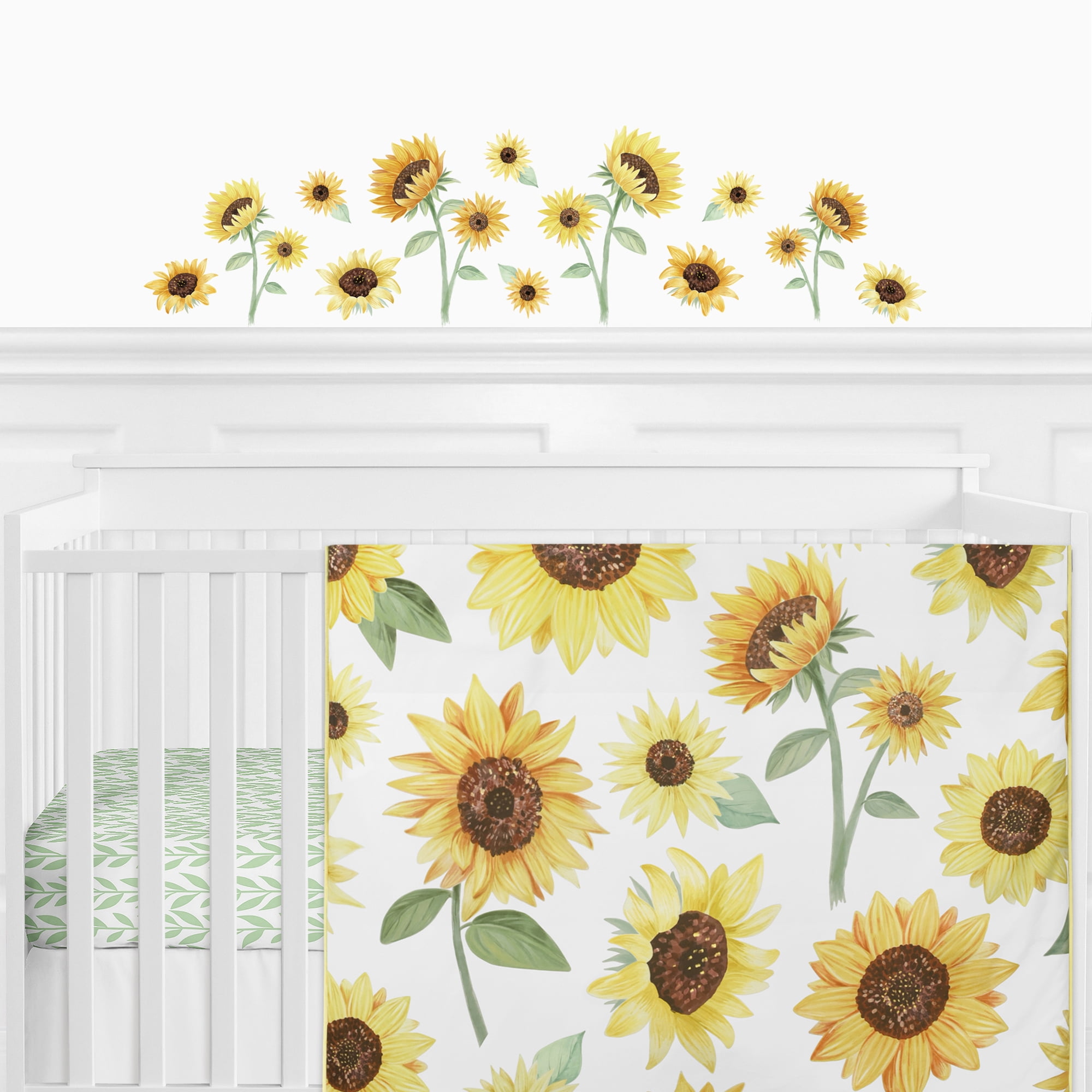 Sunflower Floral Peel and Stick Wall Decal Stickers Art Nursery Decor by Sweet Jojo Designs - Set of 4 Sheets - Yellow, Green and White Boho Farmhouse Watercolor Flower