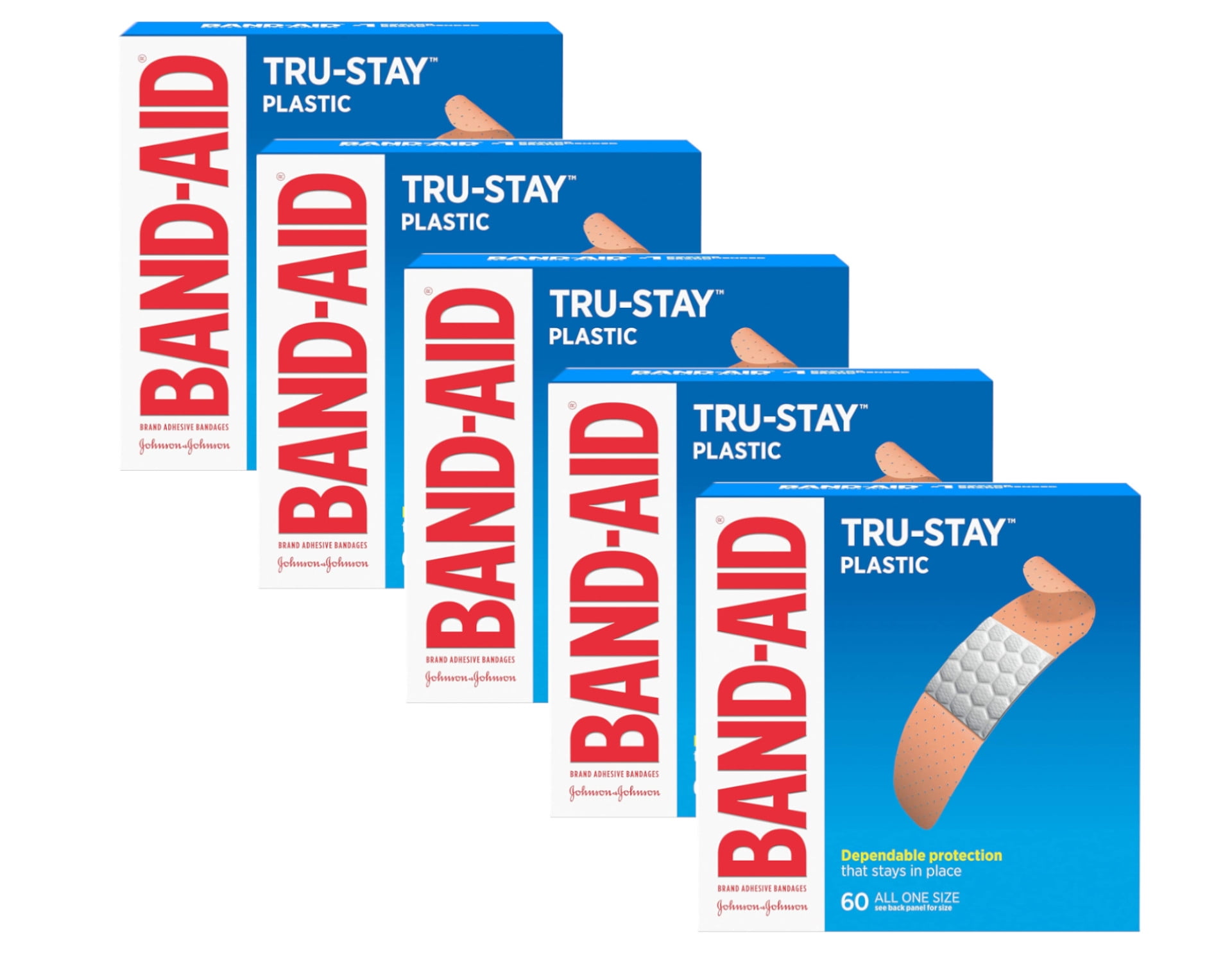 5 Pack Band-Aid Adhesive Bandages Plastic All One Size, 60 sterile Bandages Each