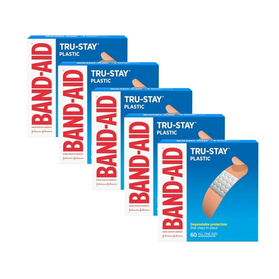 5 Pack Band-Aid Adhesive Bandages Plastic All One Size, 60 sterile Bandages Each