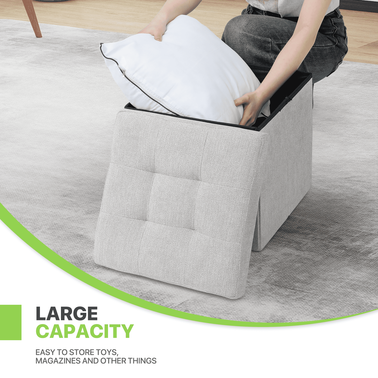 Magshion 15" Cube Folding Ottoman with Storage, Cotton-linen Collapsible Storage Ottoman Foot Stool, for Living Room Bedroom Entryway, Light Gray