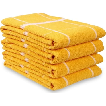 MALLOWEX Terry Kitchen Towels Set of 4 Solid Checks | 16 x 26 inches | Super Soft and Absorbent |100% Cotton Dish Rags for Drying Dishes | Yellow