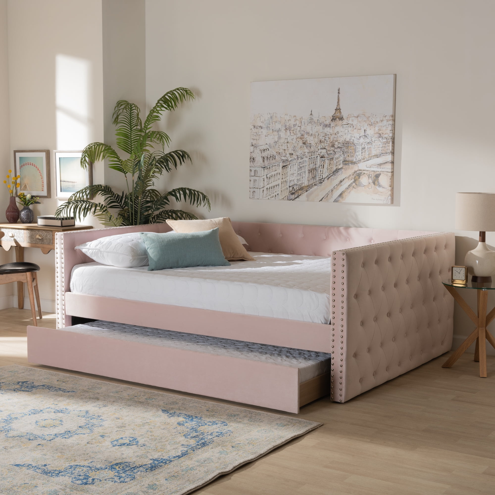 Baxton Studio Larkin Contemporary Upholstered with Trundle Daybed Queen Pink Walmart