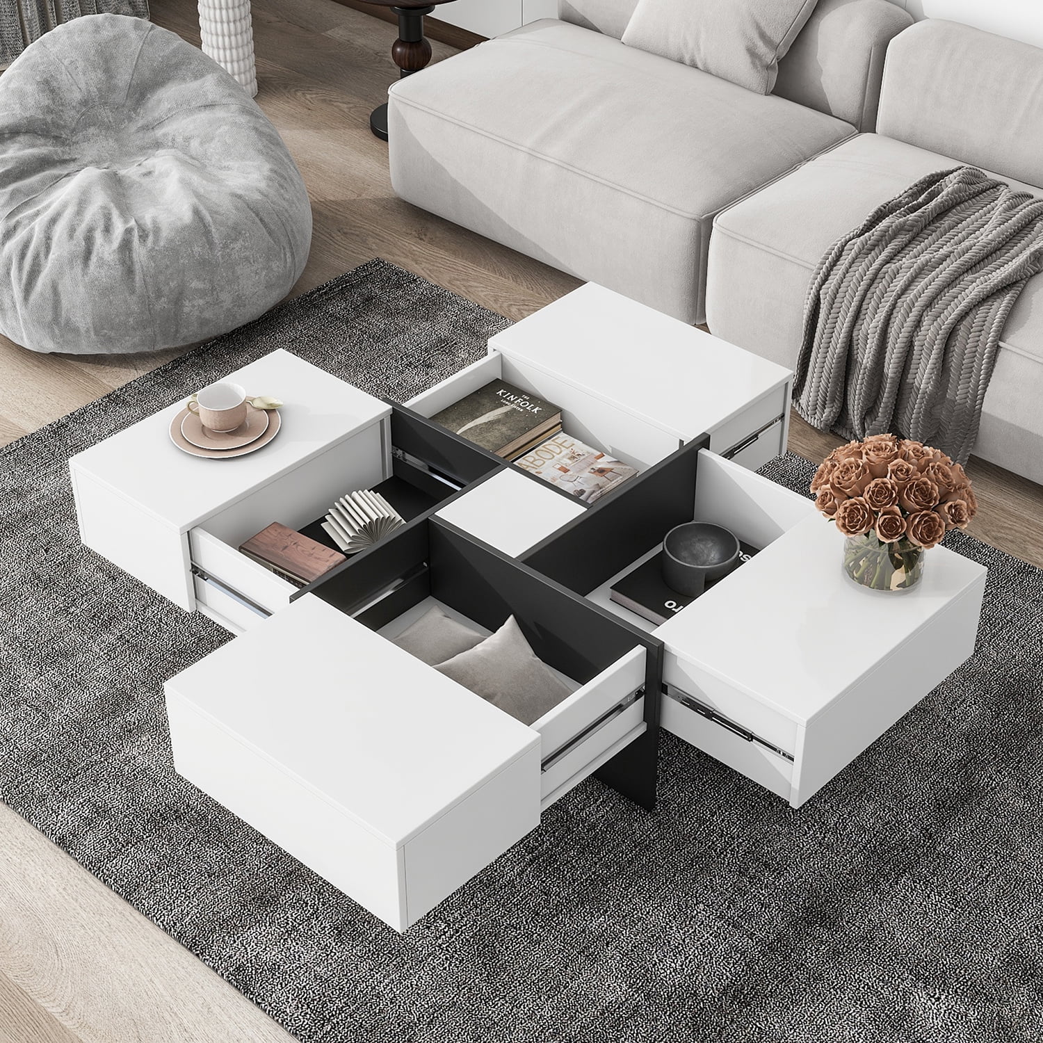 Kadyn Coffee Table, Square Cocktail Table with 4 Hidden Storage Compartments and Extendable Sliding Tabletop, White Kadyn Coffee Table, Square Cocktail Table with 4 Hidden Storage Compartments and Extendable Sliding Tabletop, White