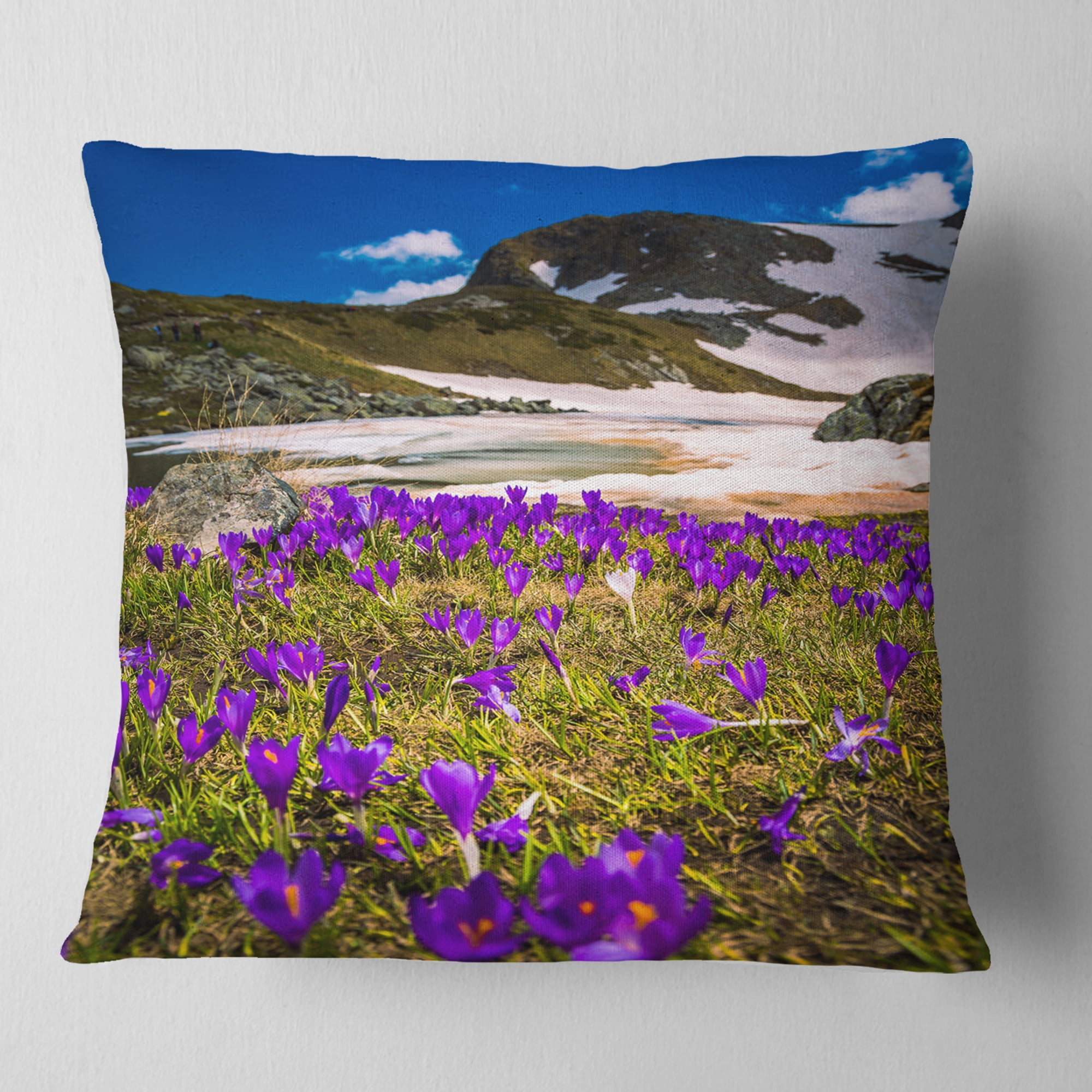 Designart Blooming Crocus Flowers in Rila Mountains - Landscape Printed Throw Pillow - 18x18