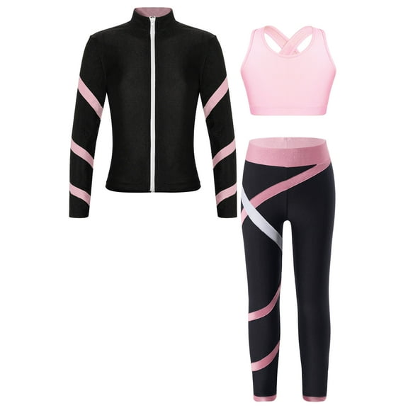 Xnihocha Kids Girls Figure Ice Skating Gym Training Suit Crop Top Jacket with Skating Pants Set 3 Pcs Pink 6