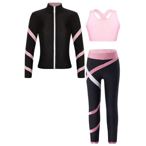 Kaerm 3 Piece Figure Ice Skating Dance Outfits for Girls Zipper Jackets Sleeveless Crop Tops with Leggings Set Pink 6