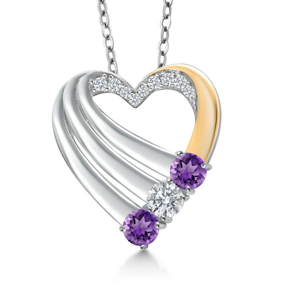 Gem Stone King 925 Silver and 10K Yellow Gold Purple Amethyst and White Lab Grown Diamond Heart Pendant for Women | 0.87 Cttw | Gemstone February Birthstone | With 18 inch Chain