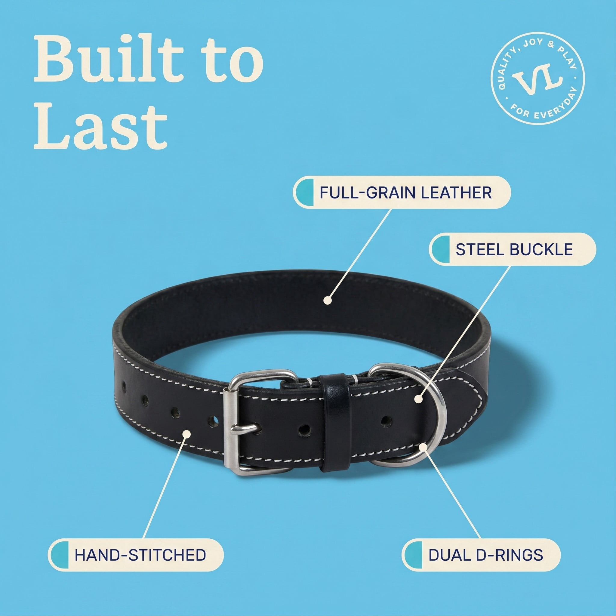 Vibrant Life Studded Leather Adjustable Dog Collar, Black, Medium