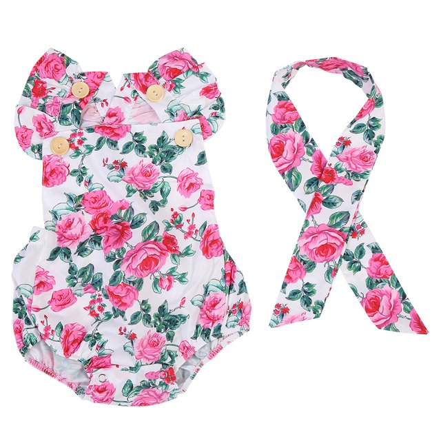 Mono cómodo sin espalda con estampado floral para bebé recién nacido y niño Primavera Verano (rojo rosa, 80 cm)