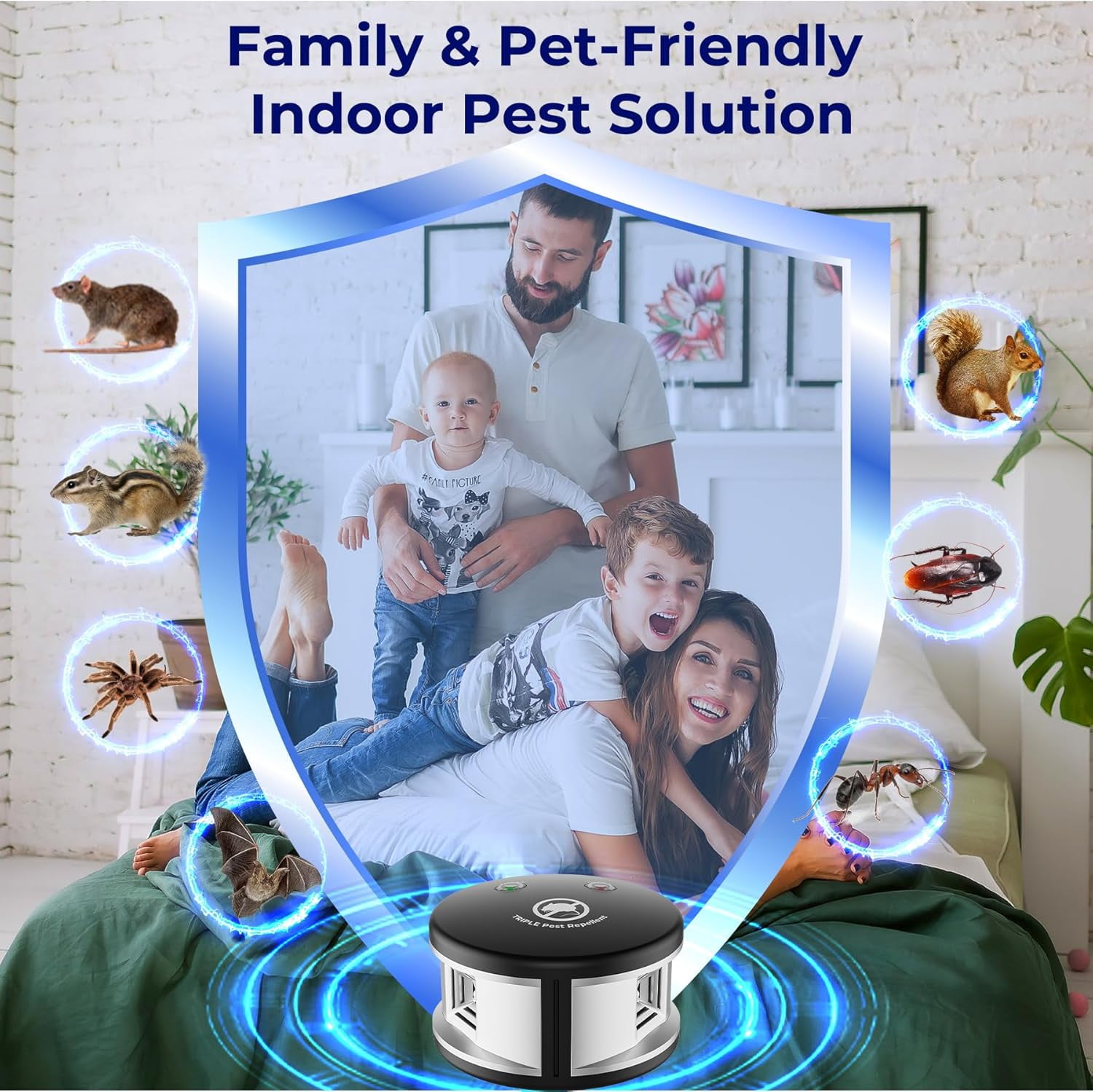 Ultrasonic Rodent Repeler Indoor, 360° Squirrel Repelent Mice Deterrent, 3 Mode Switch with Pressure Wave, Plug in Multiple Pest Deterrent Control, Black
