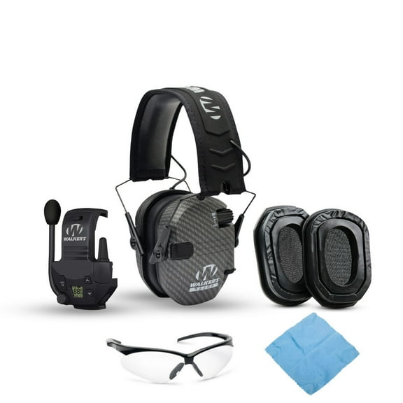 Walker's Razor Slim Electronic Earmuffs (Carbon) Bundle with Walkie Talkie Attachment, Ear Pad (Black), Glasses (Clear), and Cleaning Cloth (5 Items)