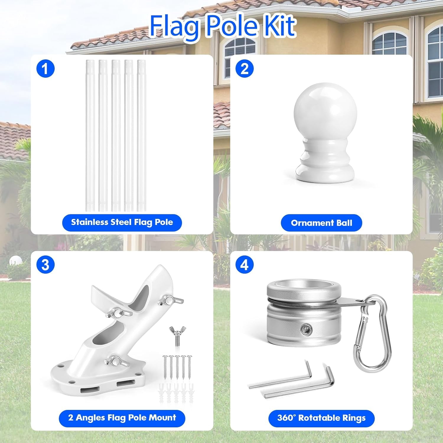 Flag Pole Kit- Stainless Steel 5 FT Flag Poles with1 Inch Metal 360° Rotating Flag Pole Rings Clip, Two-Position Flag Pole Holder Brackets Mounting for Outside House Outdoor Porch(5 FT - Sliver)