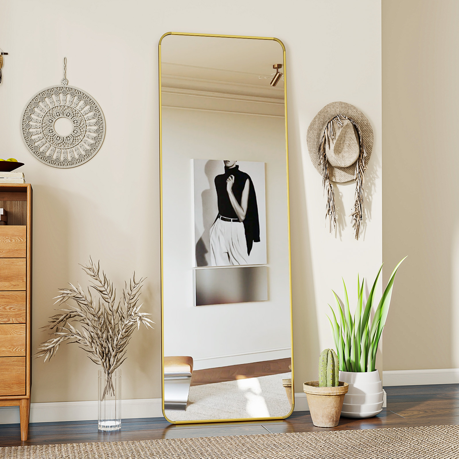 Mistory 59"x16" Full Length Mirror Rounded Corner Floor Mirror with Metal Frame, Gold