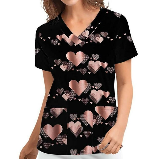 TIMIFIS Sarrau Médical pour Femmes Saint-Valentin V Neck Manches Courtes Imprimé Cœur Hauts d'Infirmière Décontractés Amples Uniforme de Travail Blouse de Sarrau avec Poche