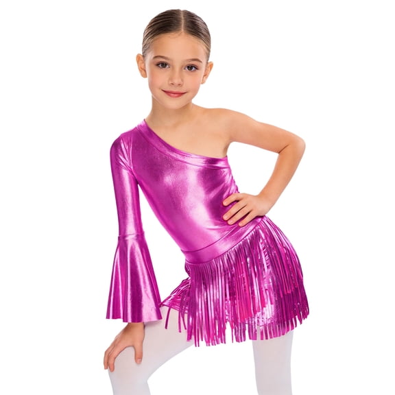 TiaoBug Kids Girls Latin Dance Outfit Shiny Metallic Fringe Dress One Shoulder Top with Tassels Skirts Set Rose Pink 14