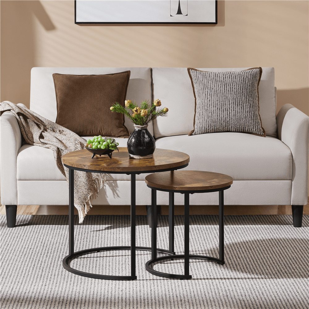 Alden Design Nesting Coffee Table Set with Round Wooden Tabletop for Living Room, Rustic Brown