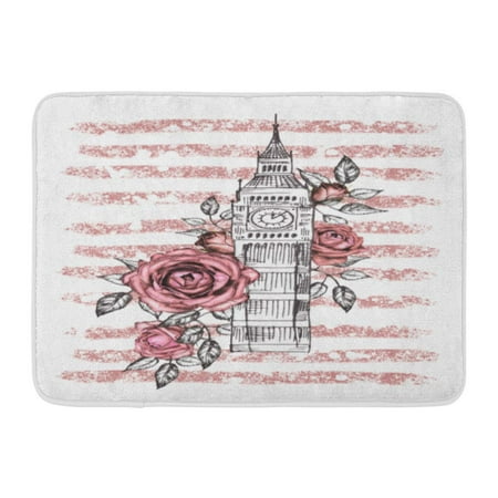 Flower Big Ben - KDAGR Bigben London Pink Rose Graphic Big Ben Strip Watercolor Flower Floral Abstract Travel Hand Composition Doormat Floor Rug Bath Mat 23.6x15.7 inch