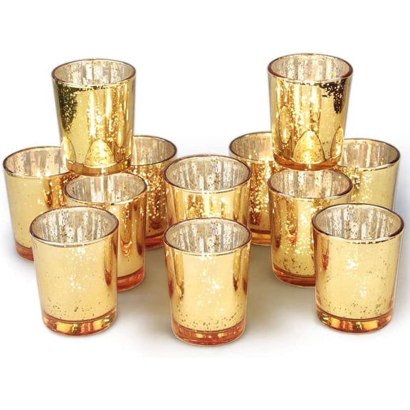 Gold Votive Candle Holders Bulk, Mercury Glass Tealight Candle Holder Set of 12 for Wedding Decor and Home Decor