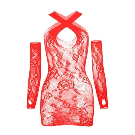 Augper Women Solid Color Lingerie with Sexy Lace Hollow Patterns Suspender Dress with Sleeves Suit