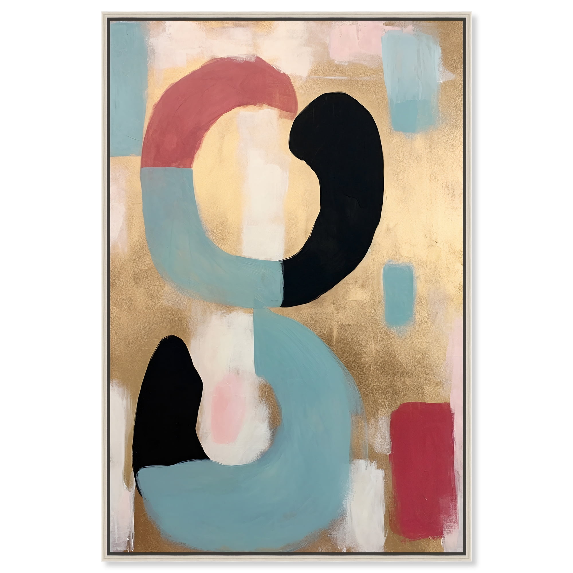 Glam Brooch Of Gold Contemporary Abstract Shapes Trendy Canvas Wall Art by Art Remedy, Silver Floater Frame, 36"x54"