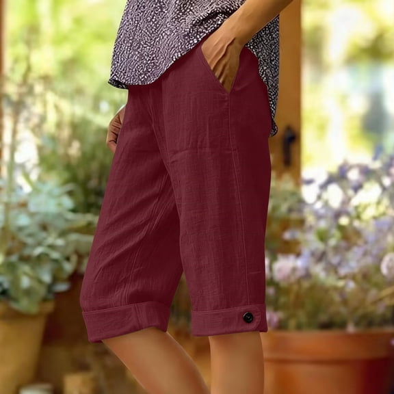 BUIGTTKLOP Womens Cotton Linen Shorts Knee Length Dressy Causal Elastic Waist Buttons Shorts with Pockets Summer Beach Outfits