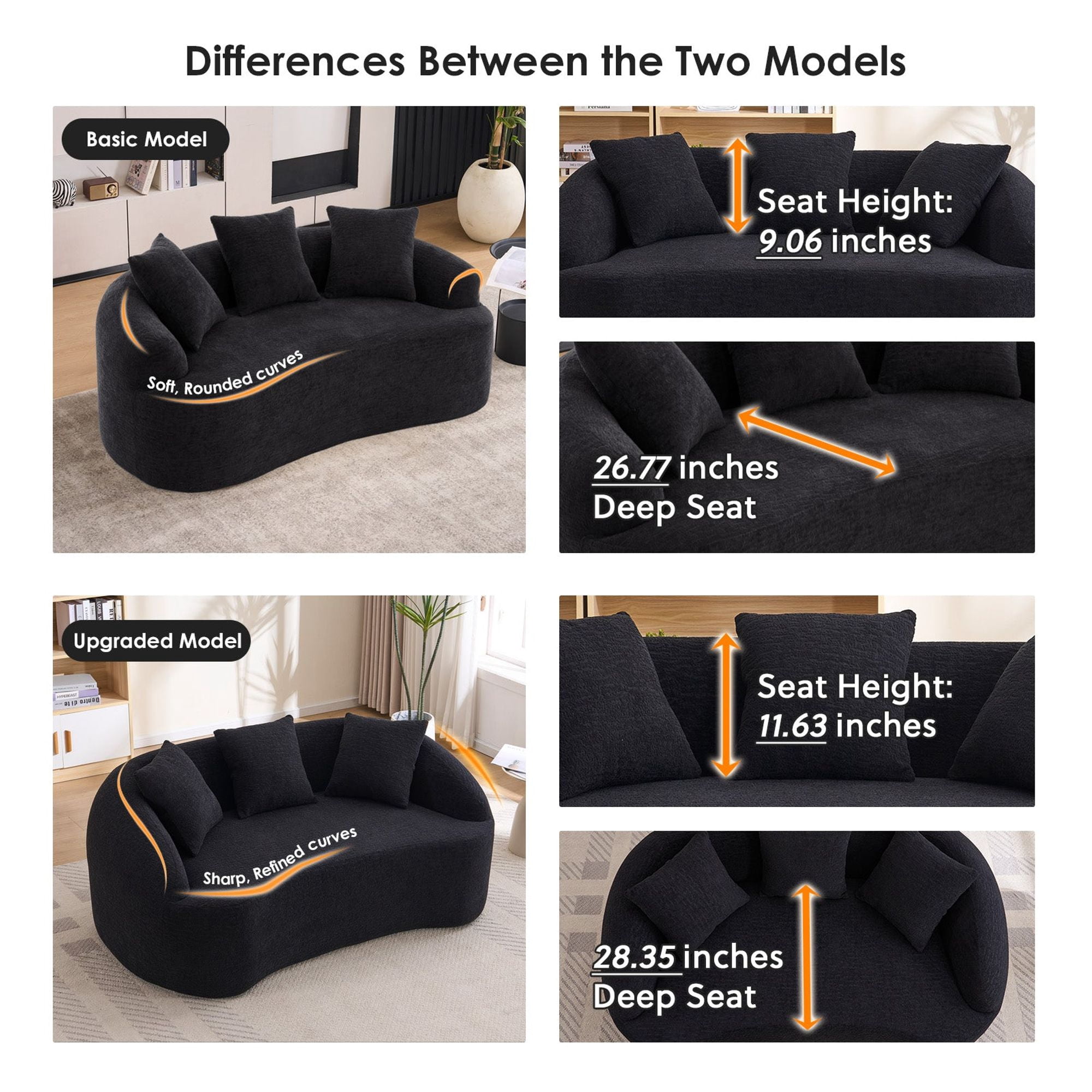 Sailvan Curved Modern Boneless 2-Seater Chenille Sofa Loveseat with 3 Pillows
