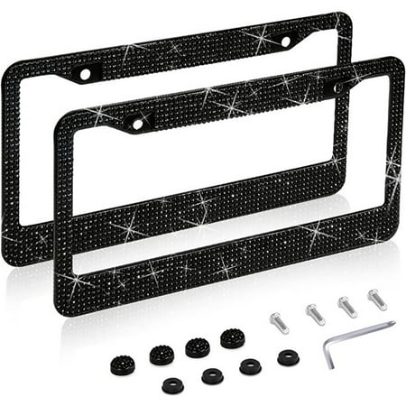 Mouind Black Bling License Plate Frames for Women, 2 Pack Bedazzled Diamond Sparkly Glitter Stainless Steel Car License Plate Holder with Screw Caps for Women, Party, Birthday, Xmas Gift