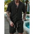 thumbnail image 5 of Men'S Camp Collar Jacquard Button Up Shirt and Drawstring Shorts Two Piece Outfit Black XL, 5 of 9