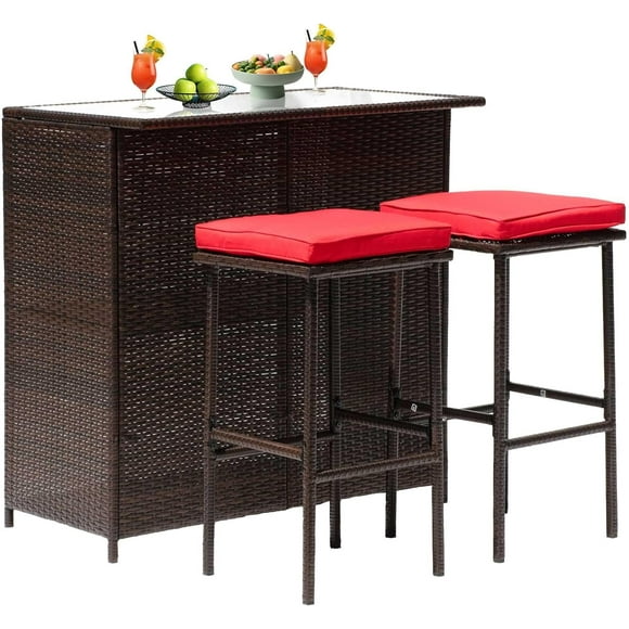PayLessHere 3-Piece Rattan Bar Set – Wicker Patio Bistro Set, Glass Tabletop, Storage Shelves, 2 Bar Stools, IndoorOutdoor, Red
