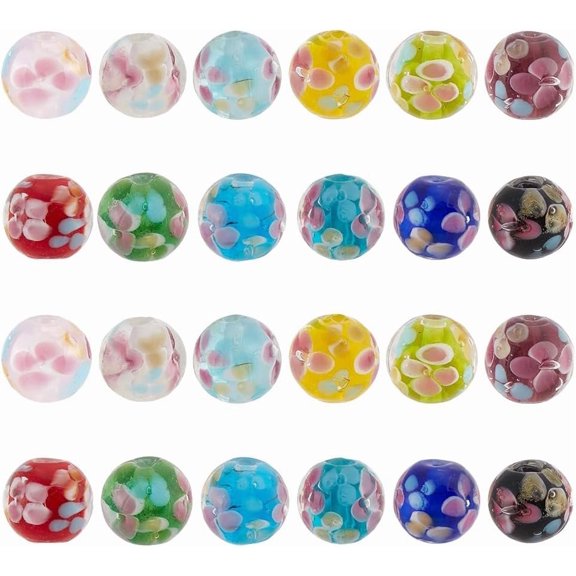 24 Pcs 12 Colors Lampwork Flower Glass Beads 12mm Lampwork Round Beads European Murano Glass Bead for Jewelry Making Colorful