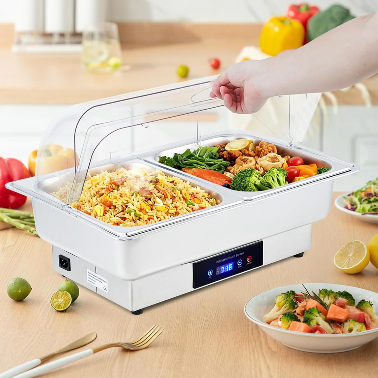Electric Chafing Dish Buffet Set, 9 QT Stainless Steel Food Warmer with Temperature Control & Transparent Roll Top Lid, Catering Server for Parties, Banquets, Buffets, Keeping Food Warm & Fresh