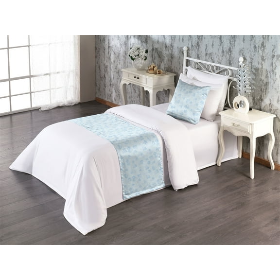 Botanical Bed Runner Set, Summer Sky Inspired Minimalist Style Illustrated Floral Artwork, Decorative Bedding Scarf & a Pillow Sham for Hotels Homes, Twin, Soft Blue and Deep Sky Blue, by Ambesonne