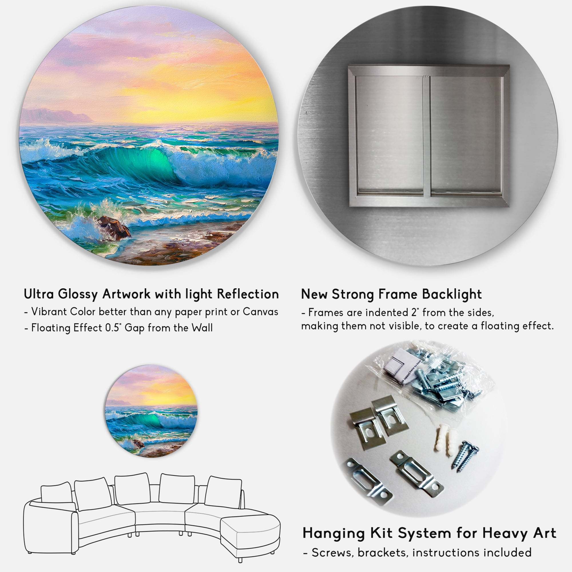 Designart 'Blue Waves Breaking At The Beach Landscape IV' Nautical & Coastal Circle Metal Wall Art 36x36 - Disc of 36