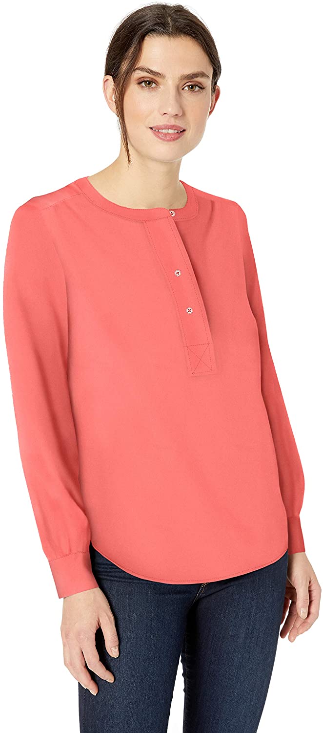 Women s Long Sleeve Band Collar Henley Blouse Faded Rose 4