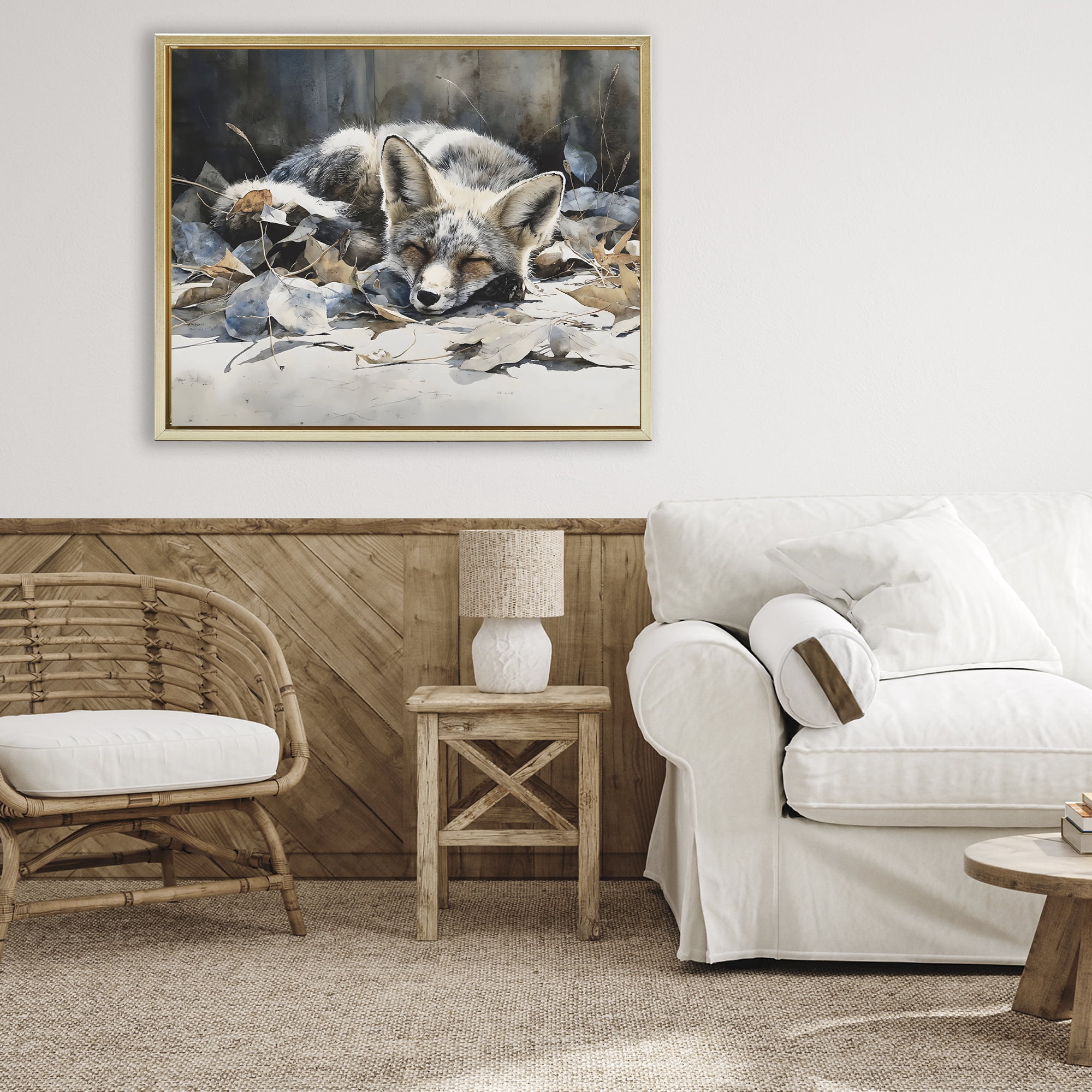 Stupell Industries Blue Fox Resting Among Leaves Gold Framed Floater Canvas Wall Art, design by Franklyn Gregory