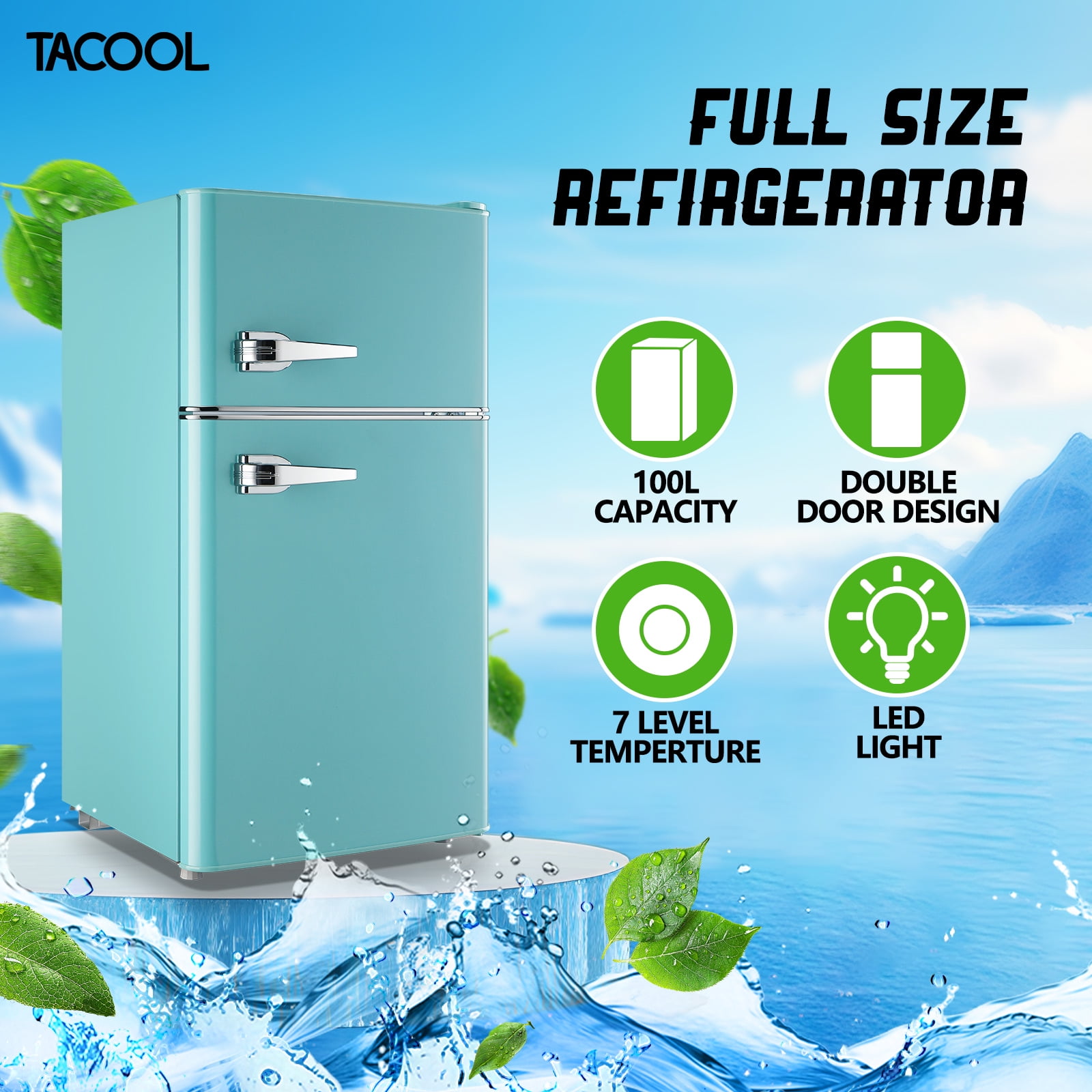TACOOL Small Retro Mini Fridge with Top Freezer 100 Liter Dual Door Compact Refrigerator with Adjustable Thermostat LED Light, Low Noise for Dorm Blue