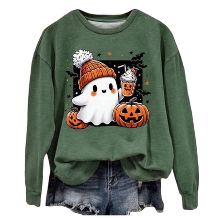 Halloween Women Sweatshirts Adorable Ghost Print Round Neck Tops Blouses Long Sleeve Loose Pullover Casual Fall Top Dark Green L