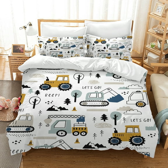 WASFDN Excavator Duvet Cover for Kids Boys Cartoon Cars Comforter Cover Engineering Vehicle Bedding Set,Construction Bedroom Decor Quilt Cover with 2 Pillowcases,Twin Size,Style A