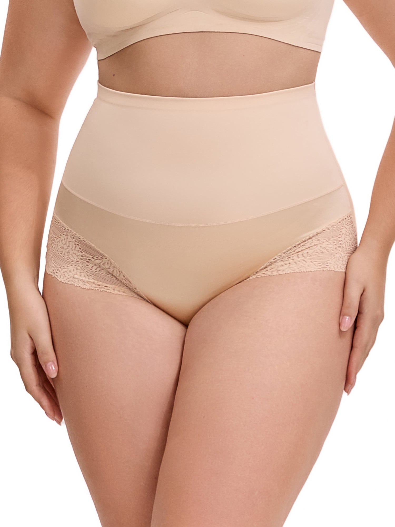 Unique Bargains Lace Trimmed High Waisted Tummy Briefs 2XL Beige