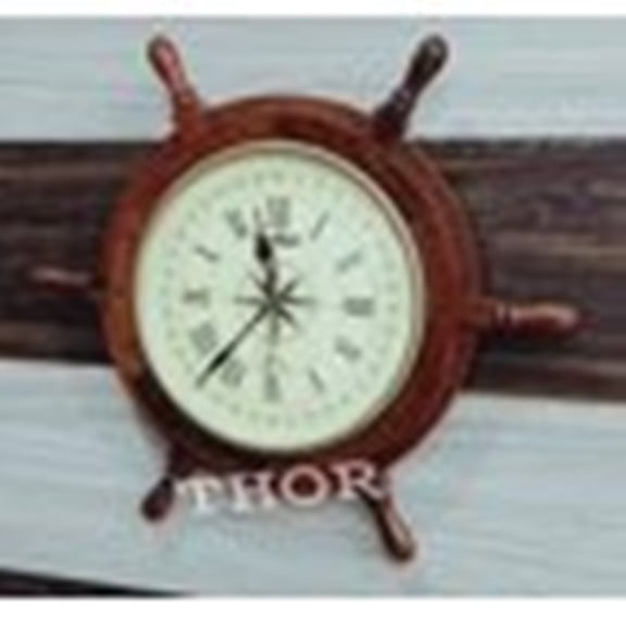 Thor Instruments Nautical Brown Wooden Ship Wheel Wall Clock - Pirate Home Decor Vintage style  19"