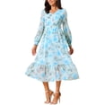 thumbnail image 4 of Vestido Boho Floral de Chiffon para Mujer con Mangas Largas, Semi Transparente, con Volantes y Capas, con Bolsillo, Azul XL, 4 of 6