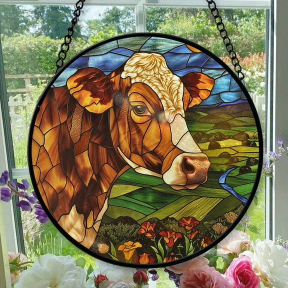 Stained Glass Window Hanging Cow - Stained Glass Window Hanging Cow, Festival Gift Ornament, Home Wall & Window Art, Brightens Any Space with Light, Elegant Art Glass Aesthetic