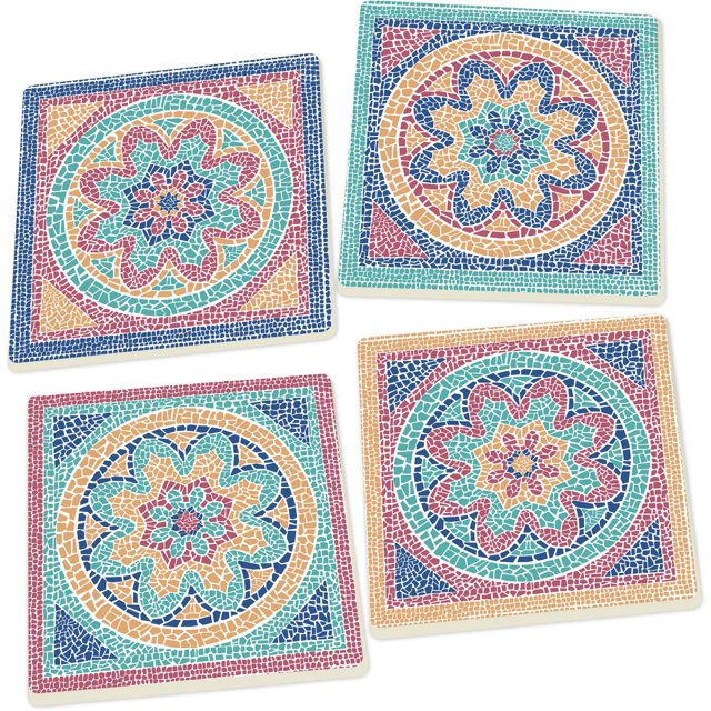 Mosaic Floral Glasstile Look 4 Piece Square Ceramic Coaster Set