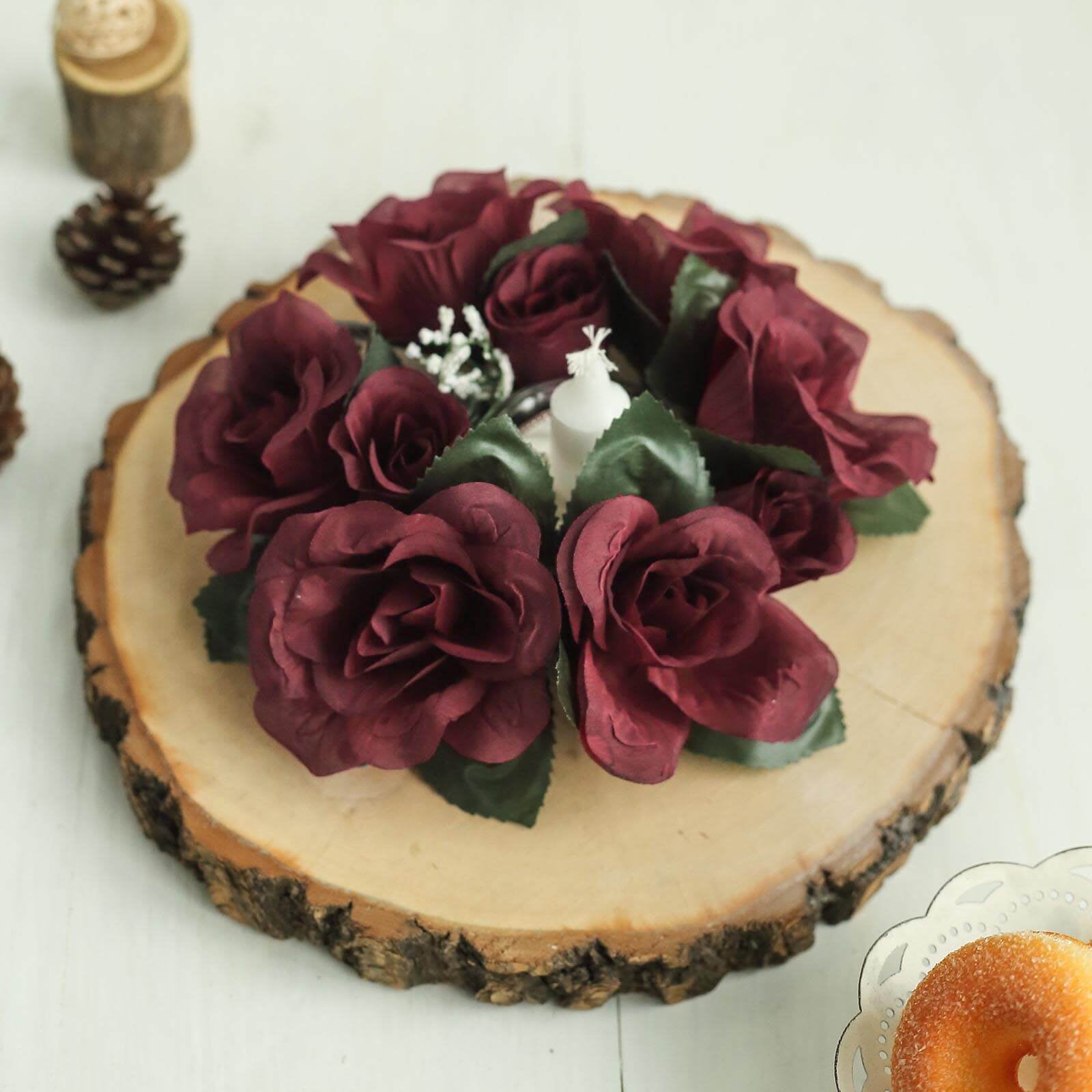 4 Pack Burgundy Artificial Silk Rose Floral Candle Rings