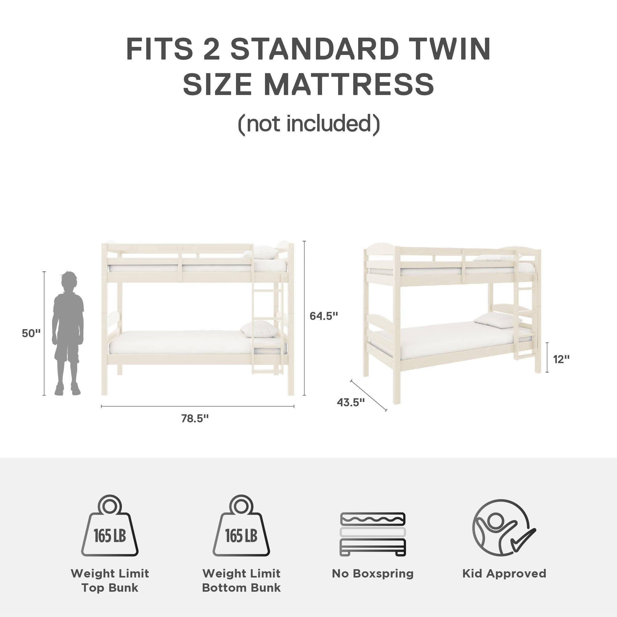 Better Homes & Gardens Leighton Solid Wood Twin-over-Twin Convertible Bunk Bed, Vanilla