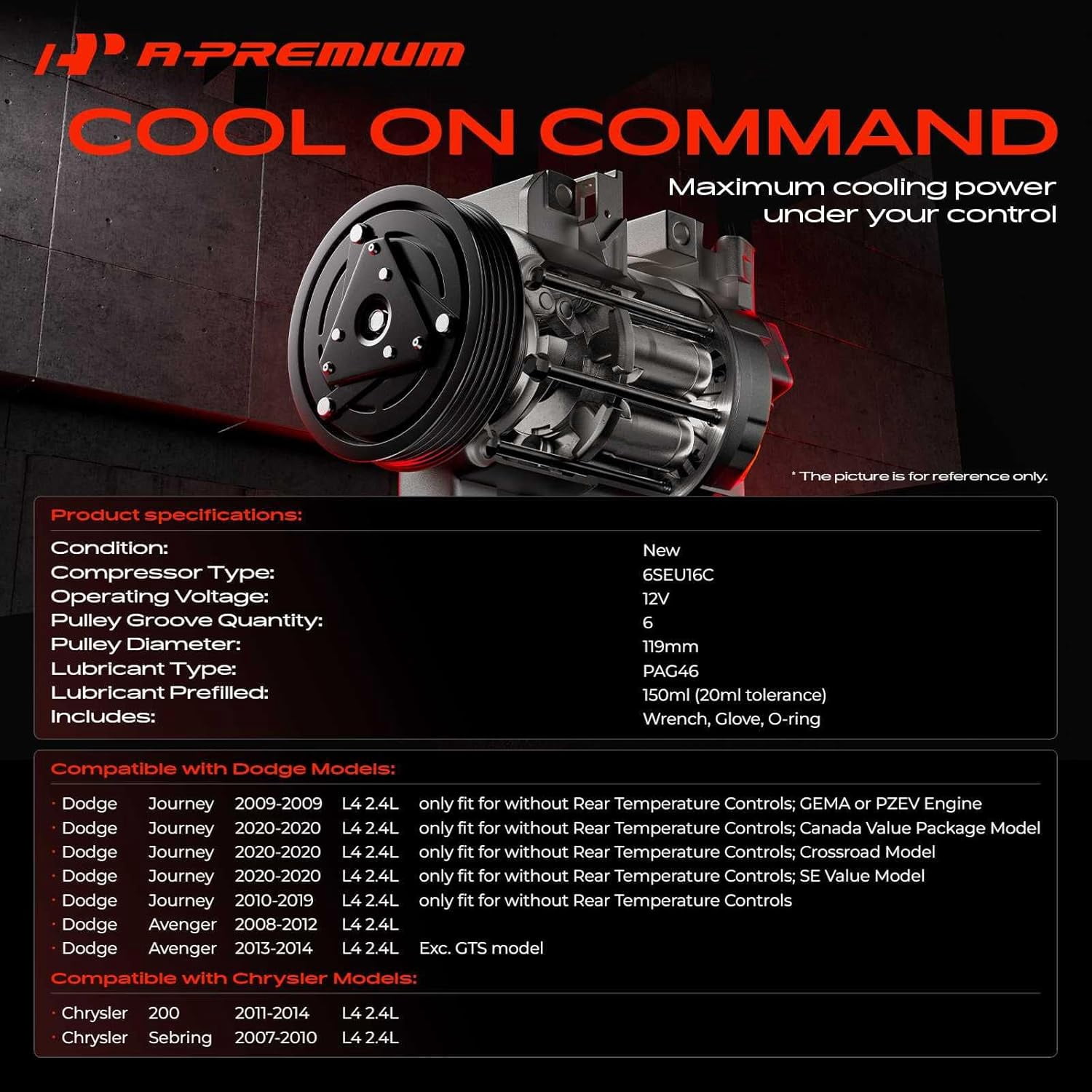 A-Premium Air Conditioner AC Compressor with Clutch Compatible with Dodge Journey 2009-2020, Avenger 2008-2014 & Chrysler 200 2011-2014, Sebring 2007-2010, L4 2.4L