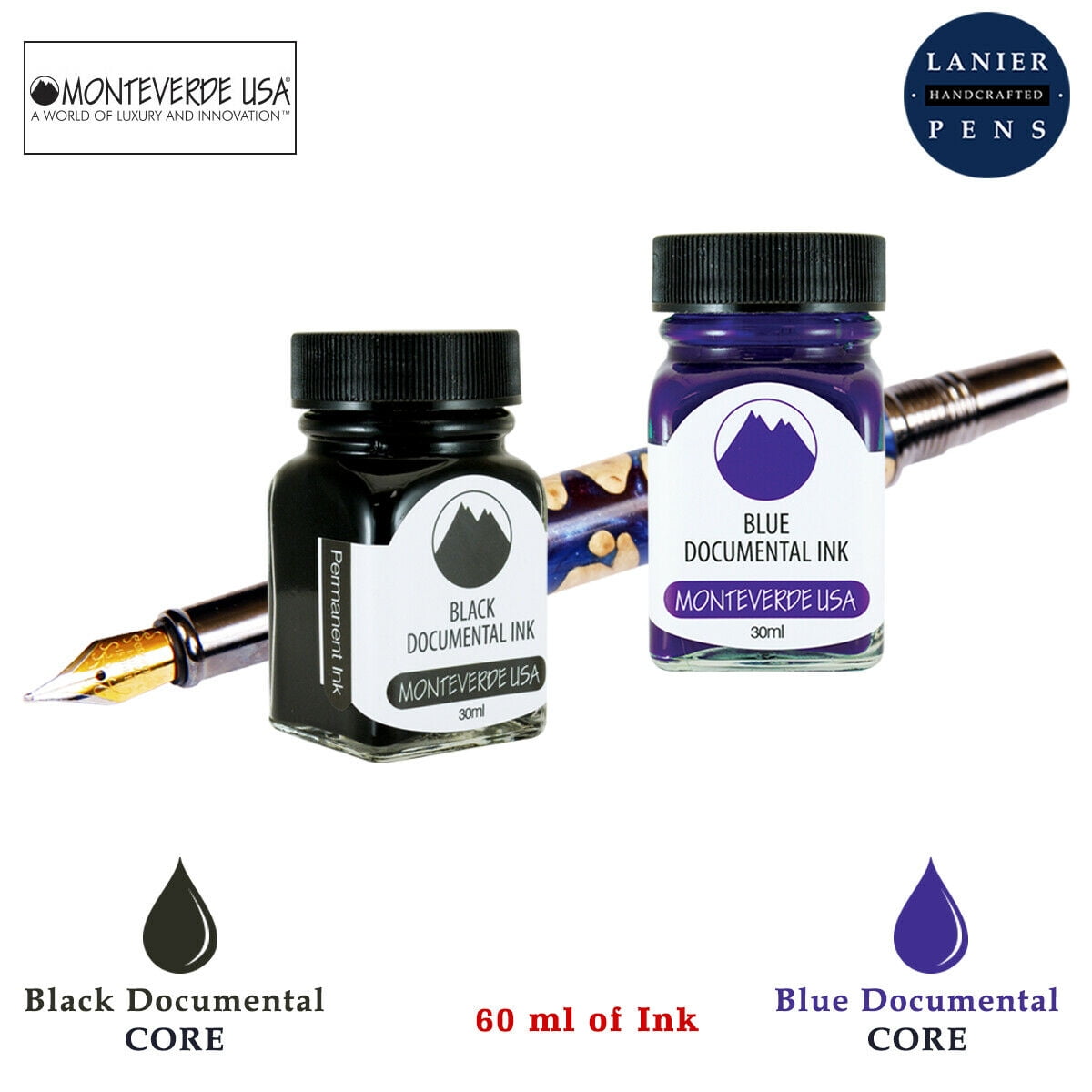 Monteverde 60ml Core Fountain Pen Ink Bottle (30ml Black Documental Ink Bottle G309DB, 30ml Blue Documental Ink Bottle G309DU)