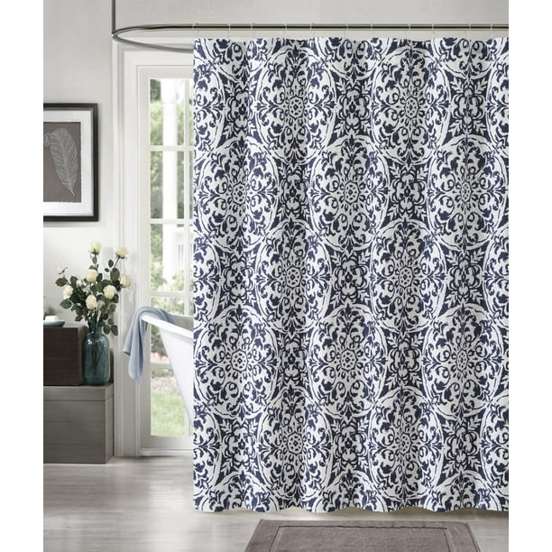 100 Cotton Navy Blue and White Fabric Shower Curtain Medallion Design