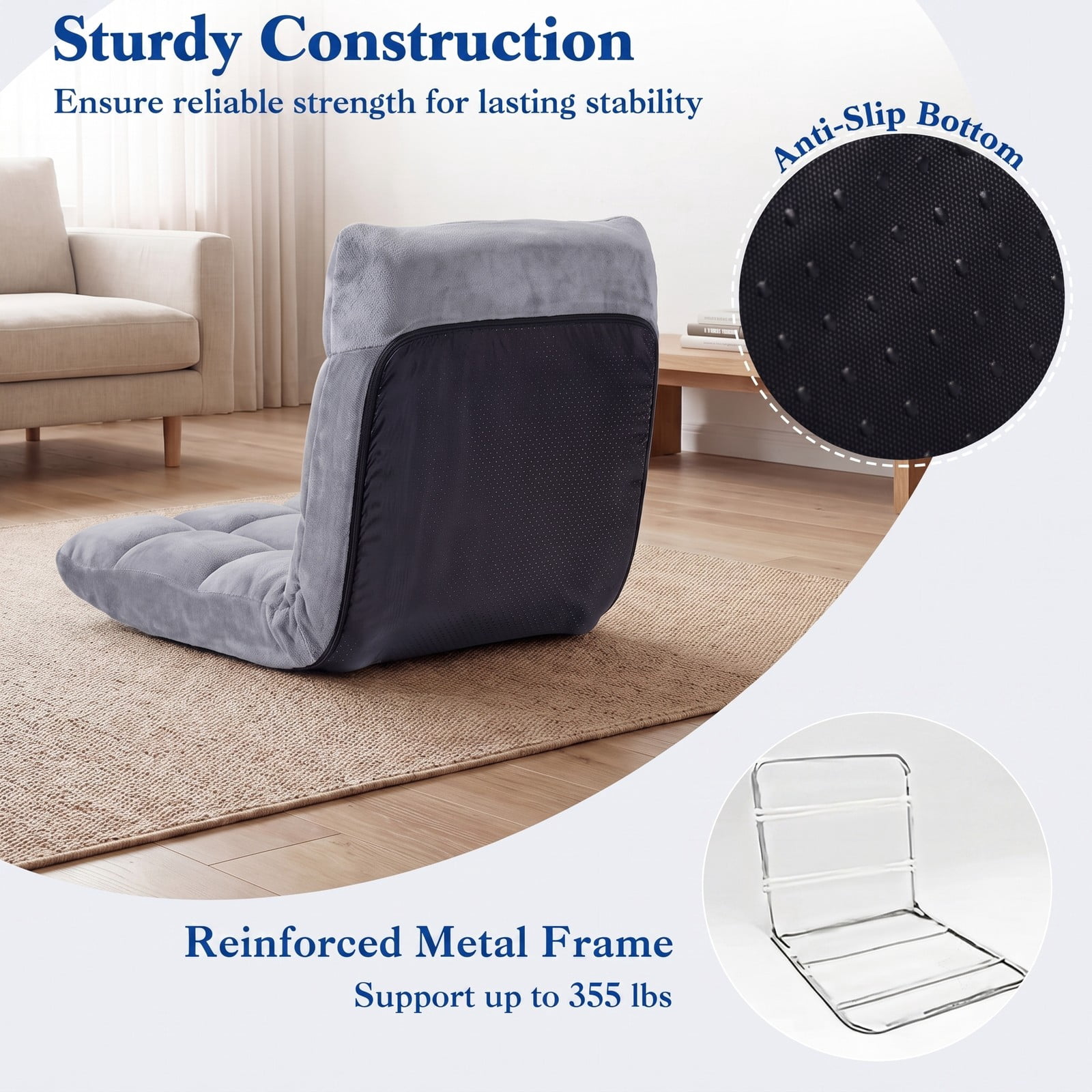 Furnibear 14-Position Adjustable Cushioned Floor Chair, Padded Folding Lazy Sofa Gaming Chair with Steel Frame Back Support for Living Room Bedroom Reading, Light Gray